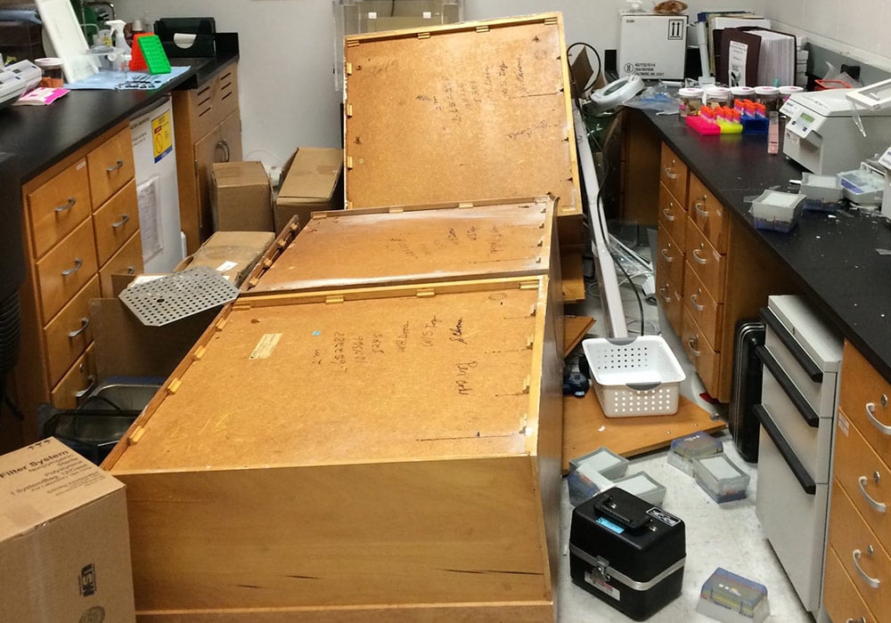 collapsed cabinets, in the lab